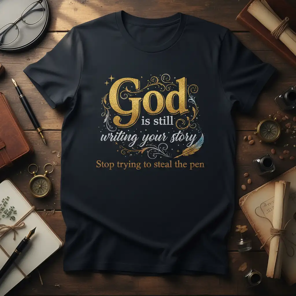 God is still writing your story quote in elegant gold font on black t-shirt design