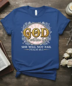 God is within her SHE WILL NOT FAIL PSALM 46:5 Christian T-Shirt with floral wreath design