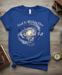 Christian t-shirt with "God Is Within Her She Will Not Fall Fall Psalm 46:5" text over a galaxy graphic