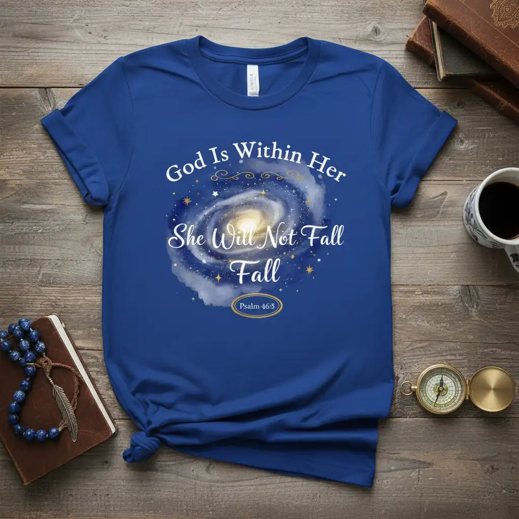 God Is Within Her She Will Not Fall quote on a blue t-shirt with a galaxy design and Psalm 46:5