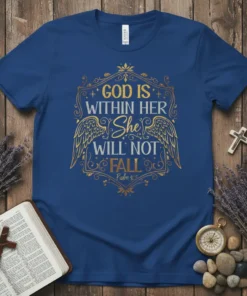 God Is Within Her She Will Not Fall Psalm 46:5 scripture t-shirt with golden wings and ornate border