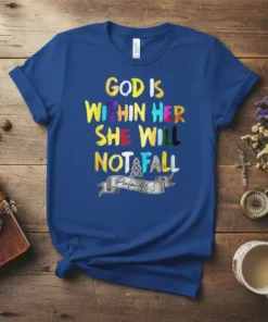God Is Within Her She Will Not Fall T-Shirt with Psalm 46:5 quote in colorful typography