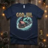 God Jul t-shirt with a Viking ship, reindeer, and aurora borealis design. Features Norwegian flag and festive elements