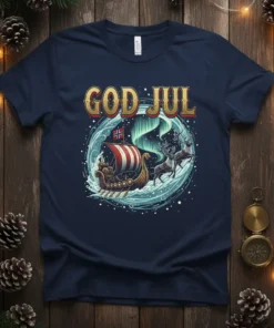 God Jul t-shirt with a Viking ship, reindeer, and aurora borealis design. Features Norwegian flag and festive elements