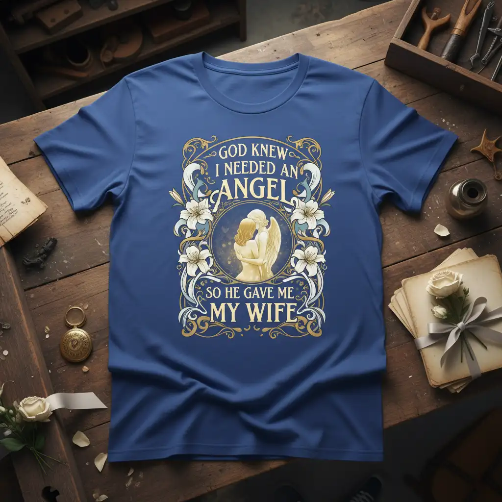 God Knew I Needed An Angel So He Gave Me My Wife quote on t-shirt with angel and woman graphic