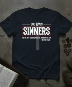 GOD LOVES SINNERS YOU'RE text design featuring bold typography on quality t-shirt