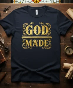 The "God Made" text in ornate golden font on a navy blue t-shirt, featuring a religious and faith-based design