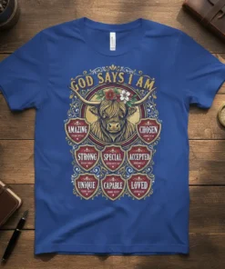 God Says I Am affirmation t-shirt with Highland cow, listing attributes like Amazing, Chosen, Strong, Special, Accepted, Unique, Capable, Loved