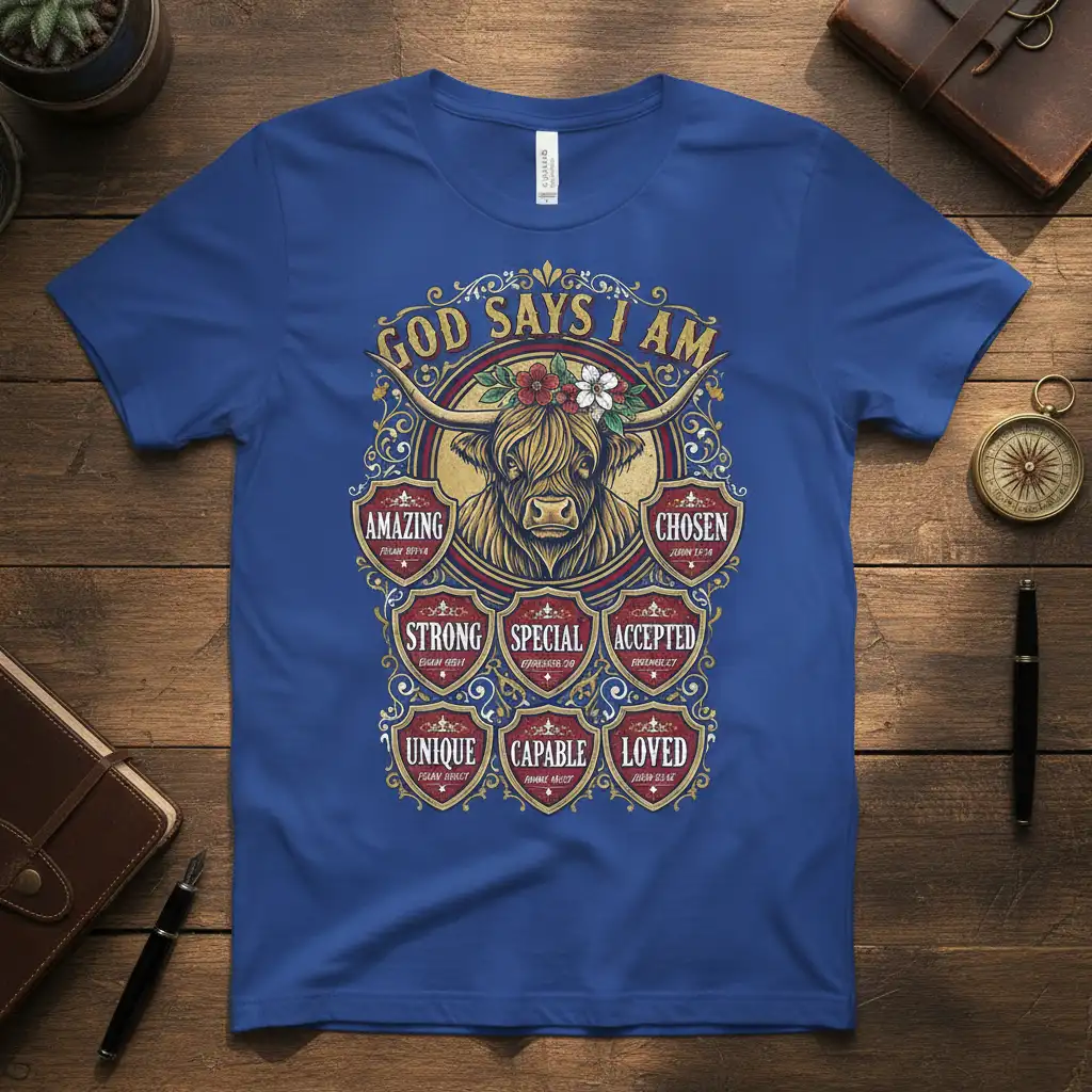God Says I Am affirmation t-shirt design with Highland cow and empowering scripture attributes like Amazing, Chosen, Strong