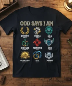Black t-shirt with "God Says I Am" design featuring 9 affirmations like Accepted, Strong, Bold, Redeemed, Protected, Kind, Courageous, Loyal