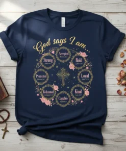 Navy t-shirt with gold text "God Says I Am" and a circular design of affirmations: Strong, Accepted, Bold, Loyal, Kind