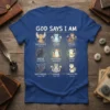 God Says I Am Christian Cat Lover T-Shirt with 9 cat graphics representing "Important," "Chosen," "Strong," "Special," "Not Alone," "Loved,"