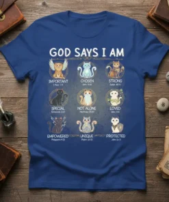 God Says I Am Christian Cat Lover T-Shirt with 9 cat graphics representing "Important," "Chosen," "Strong," "Special," "Not Alone," "Loved,"