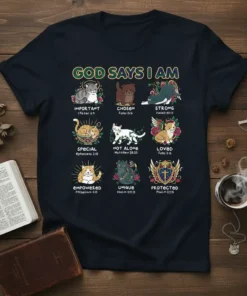 Christian cat t-shirt design with "God Says I Am" text and affirmations like Important, Chosen, Strong, Special, Not Alone, Loved