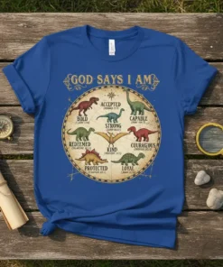Christian dinosaur t-shirt design with the text "God Says I Am" and affirmations like Accepted, Strong, and Courageous, each paired