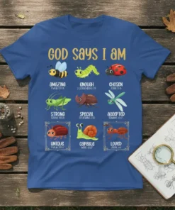 Christian T-Shirt with "God Says I Am" text and illustrations of a bee, caterpillar, ladybug, grasshopper, beetle, dragonfly, ladybug, snail