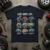 Christian t-shirt with "God Says I Am" title and twelve monster trucks, each representing a divine attribute and Bible verse