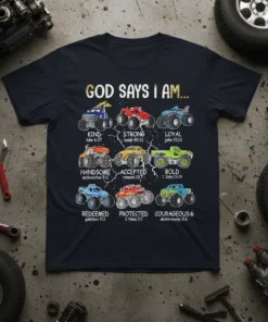Christian t-shirt with "God Says I Am" title and twelve monster trucks, each representing a divine attribute and Bible verse