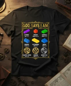God Says I Am T-Shirt with colorful building blocks and gear graphics listing affirmations like Strong, Unique, Capable, Enough, Victorious