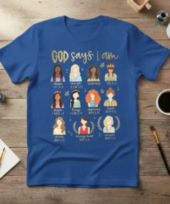 Christian t-shirt with "GOD says I am" text and illustrations of women labeled chosen, enough, victorious, divine, strong, beautiful, capable