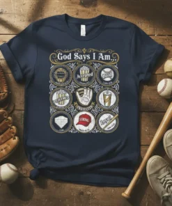 God Says I Am Accepted Bold Redeemed Protected Strong Loyal affirmations t-shirt design with baseball theme and scripture references