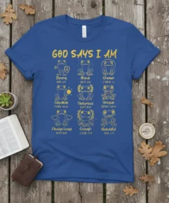 God Says I Am Christian T-Shirt with multiple frogs illustrating scriptures like Strong, Brave, Chosen, Capable, Victorious, Unique, Always Loved