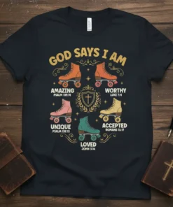 Black t-shirt with "God Says I Am" text above colorful roller skates, each representing a scripture like Amazing, Worthy, Unique