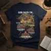 Navy t-shirt with "God Says I'm Worthy Strong Capable Victorious Chosen" text and graphics of fire trucks, helicopter, and firefighter