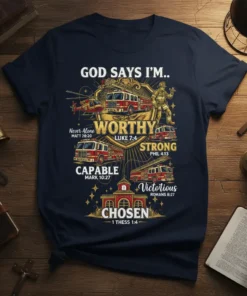 Navy t-shirt with "God Says I'm Worthy Strong Capable Victorious Chosen" text and graphics of fire trucks, helicopter, and firefighter