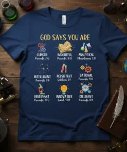 Christian t-shirt design with text "God Says You Are" and attributes like Curious, Insightful, Analytical, Intelligent, Persistent, Rational, Observant, Innovative