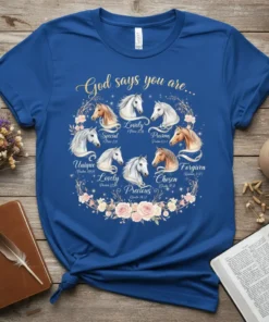 Christian t-shirt with "God Says You Are" text and a circle of horses, listing attributes like Special, Lovely, Precious, Unique