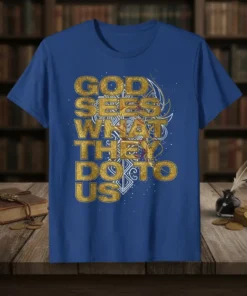 God Sees What They Do To Us quote in bold gold font on a blue t-shirt, featuring intricate graphic details