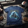 God Speed t-shirt design featuring a silhouette of a rider on a motorcycle with glowing blue accents and clouds