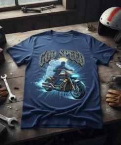 God Speed t-shirt design featuring a silhouette of a rider on a motorcycle with glowing blue accents and clouds