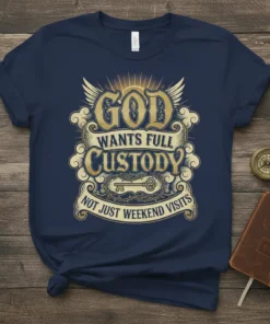 GOD WANTS FULL CUSTODY NOT JUST WEEKEND VISITS text design with wings and key graphic on a navy t-shirt