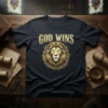 Christian T-Shirt with "God Wins" text above a golden Lion of Judah graphic surrounded by thorns