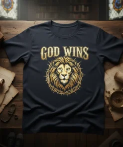 Christian T-Shirt with "God Wins" text above a golden Lion of Judah graphic surrounded by thorns