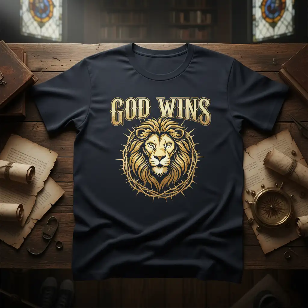 Golden GOD WINS text above majestic Lion of Judah graphic on a dark t-shirt