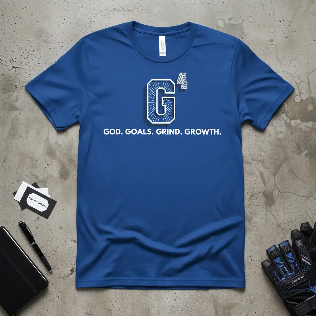GOD. GOALS. GRIND. GROWTH. quote with G⁴ graphic on a blue motivational t-shirt