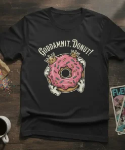 Black t-shirt featuring the text "Goddamn, Donut!" above a cartoon donut wearing crowns and being held by clawed hands