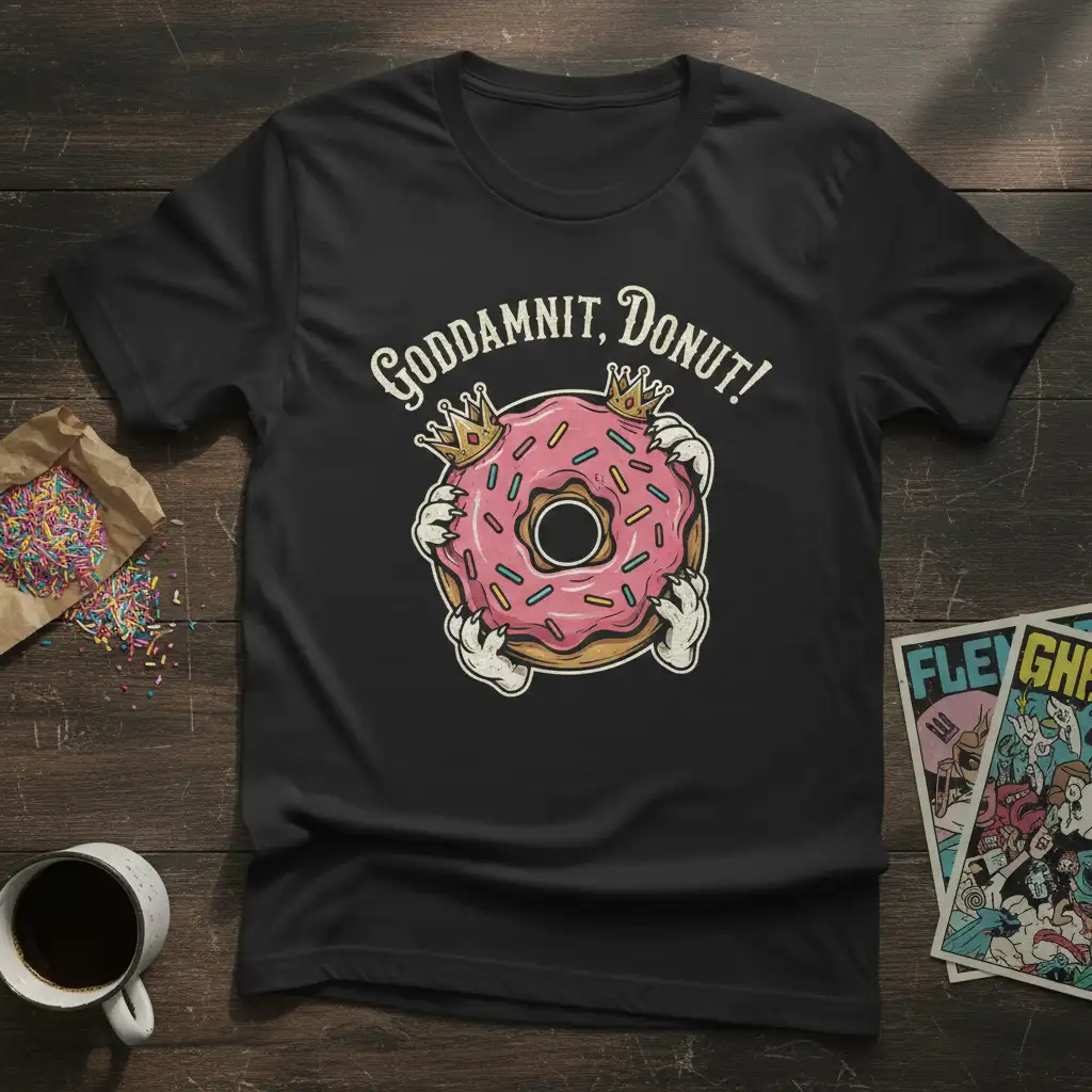 Goddamn, Donut! humorous text with a crowned donut held by clawed hands on a black t-shirt