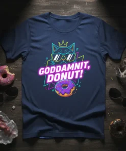 Goddamnit, Donut! text with sunglasses-wearing cat and donut graphic on a navy blue t-shirt