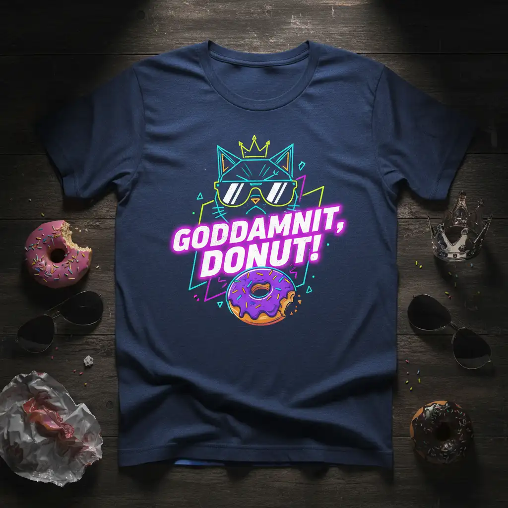 Goddamnit, Donut! quote with cool cat and bitten donut graphic, vibrant neon retro style