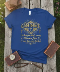 Blue t-shirt with gold text: GODFIDENCE When you don't worry Because God has your back, featuring wings and crosses graphic