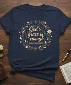Navy t-shirt with "God's grace is enough 2 Corinthians 12:9" quote inside a floral wreath design