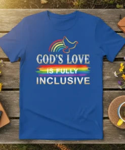 Blue t-shirt with "God's Love Is Fully Inclusive" text, rainbow colors, and a dove graphic