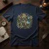 God's Plan quote t-shirt with celestial background and intricate gold gears, spiritual apparel