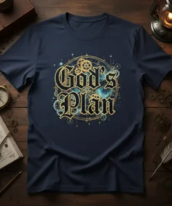 God's Plan quote t-shirt with celestial background and intricate gold gears, spiritual apparel