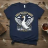 God's Silliest Goose t-shirt with a vintage illustration of a goose wearing a halo and wings, surrounded by clouds and