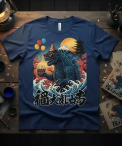 福大礼古 Godzilla Birthday Cake T-Shirt eye-catching graphic design printed on comfortable cotton t-shirt